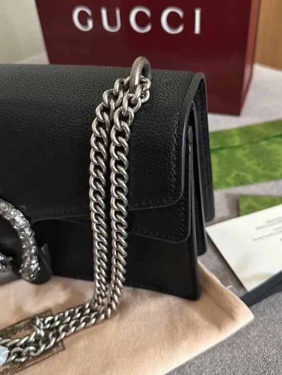 Black Dionysus Style Small Chain Bag Textured Leather Silver Hardware - Picture 5 of 9